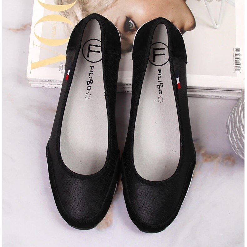 Ženske crne kožne ažurne balerinke Filippo crna 1