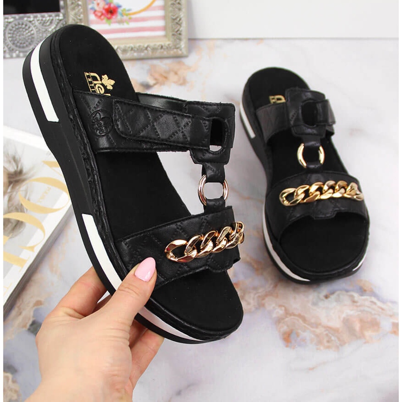 Crne Rieker V5929-00 ženske crne papuče s lančićem crna 1