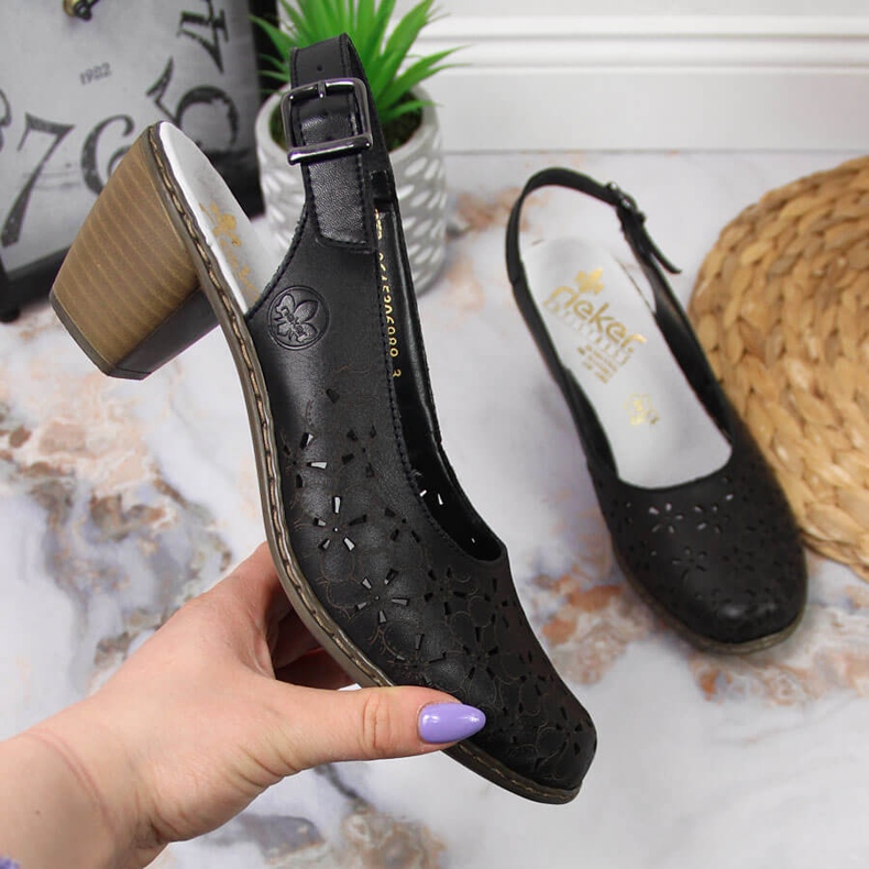 Rieker crne kožne ženske ažurne sandale 40981-00 crno 2