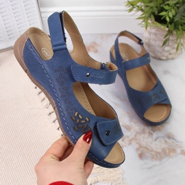 Helios 266 tamnoplave ženske kožne sandale s čičak trakom mornarsko plava 1