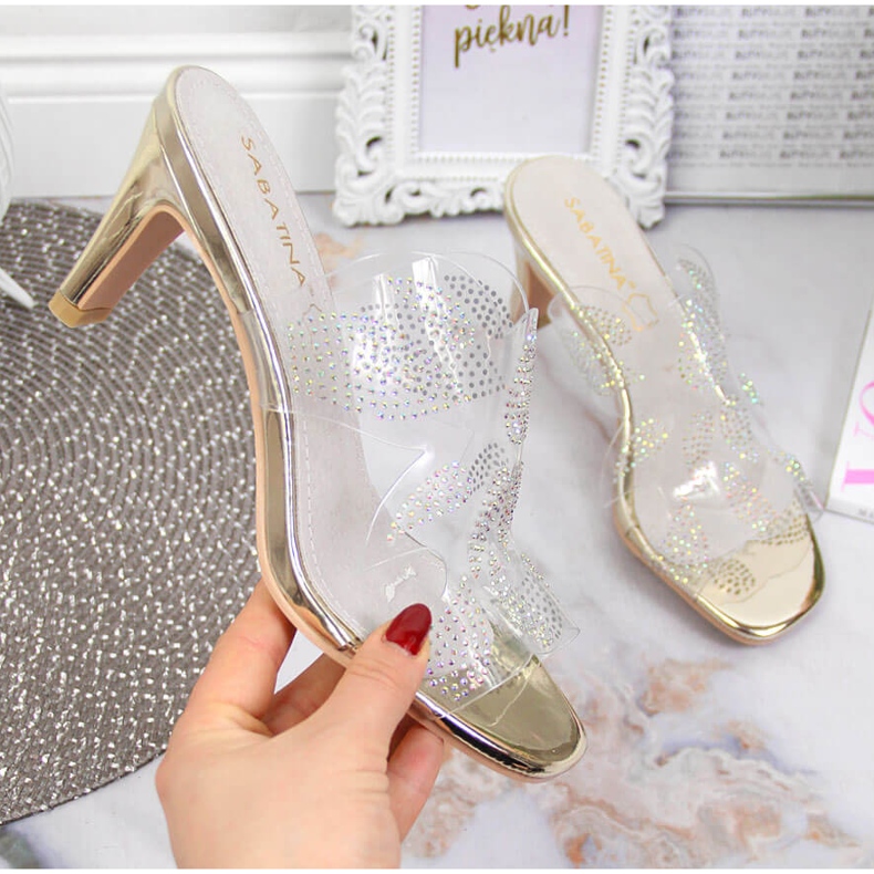 Prozirne ženske papuče sa zlatnim kubnim cirkonima Sabatina bezbojan 1