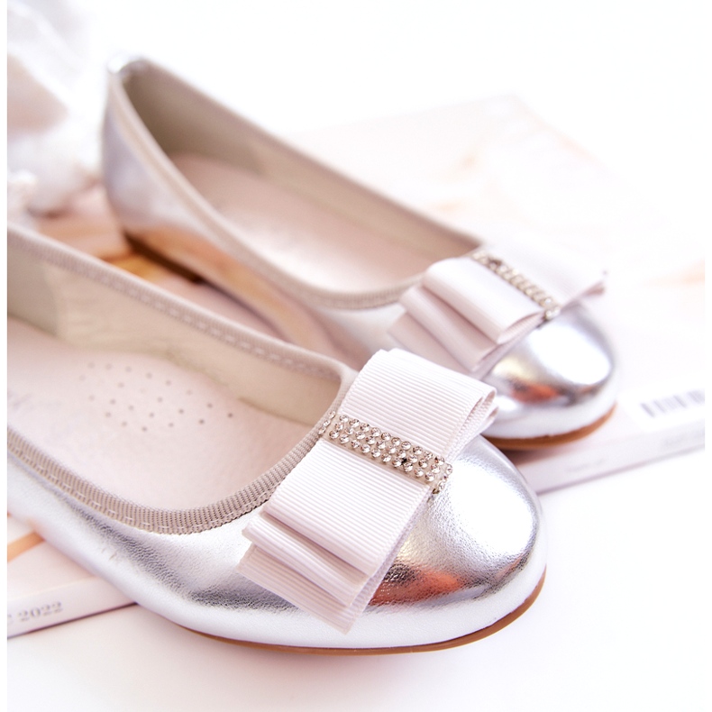 S.Barski Kožne dječje balerinke s ukrasnom srebrnom Claril mašnom srebro 2