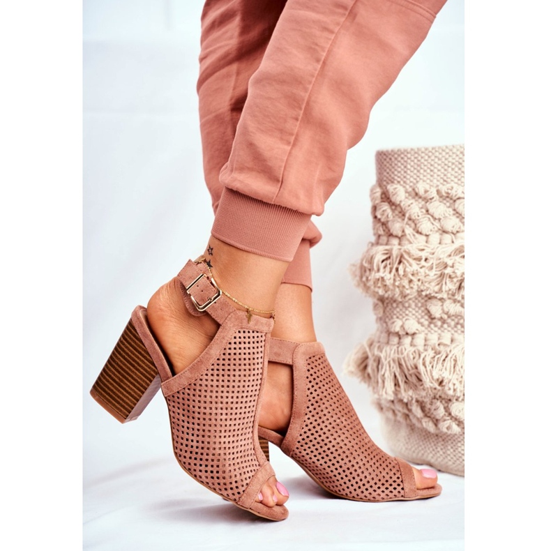 FB1 Ženske ažurne čizme Peep Toe Pink Paradise smeđa 2