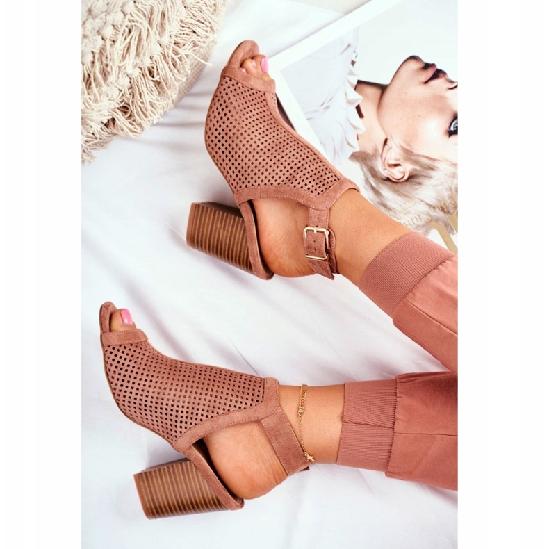 FB1 Ženske ažurne čizme Peep Toe Pink Paradise smeđa 4