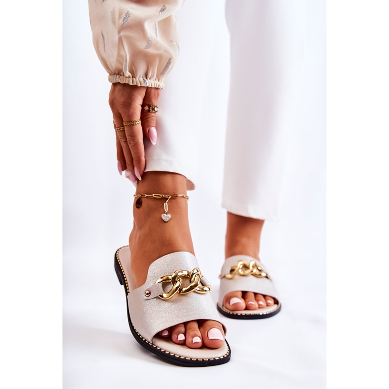 S.Barski Modne papuče s lančićem na ravnoj peti Golden Finess zlatna 1