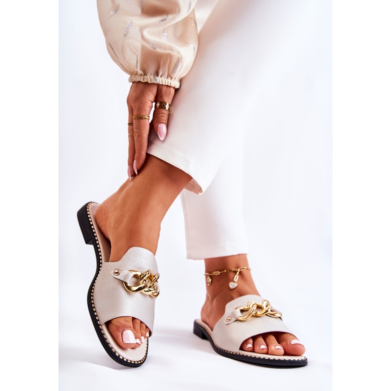 S.Barski Modne papuče s lančićem na ravnoj peti Golden Finess zlatna 2