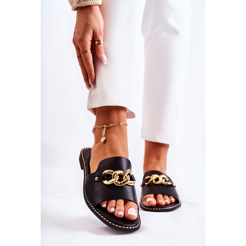 S.Barski Modne crne finess papuče s lančićem na ravnoj peti crna 1