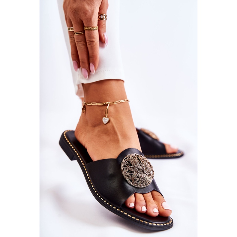 S.Barski Ženske kožne papuče s crnim ornamentom Colene crno 1