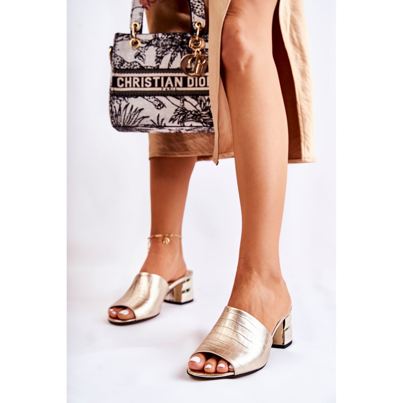 PA2 Kožne ženske papuče krokodil uzorak na petu Golden Perry zlatna 1