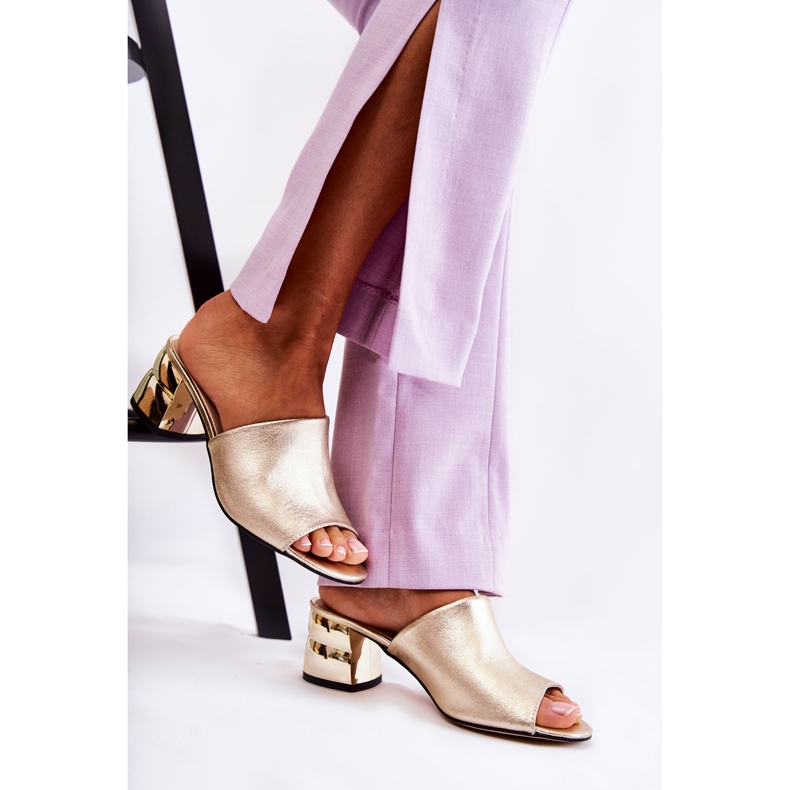 PA2 Kožne ženske papuče na visoku petu Golden Perry zlatna 2