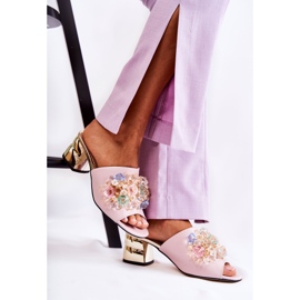 PA2 Kožne ženske papuče na visoke pete s ružičastim ukrasom Calinda ružičasta 2