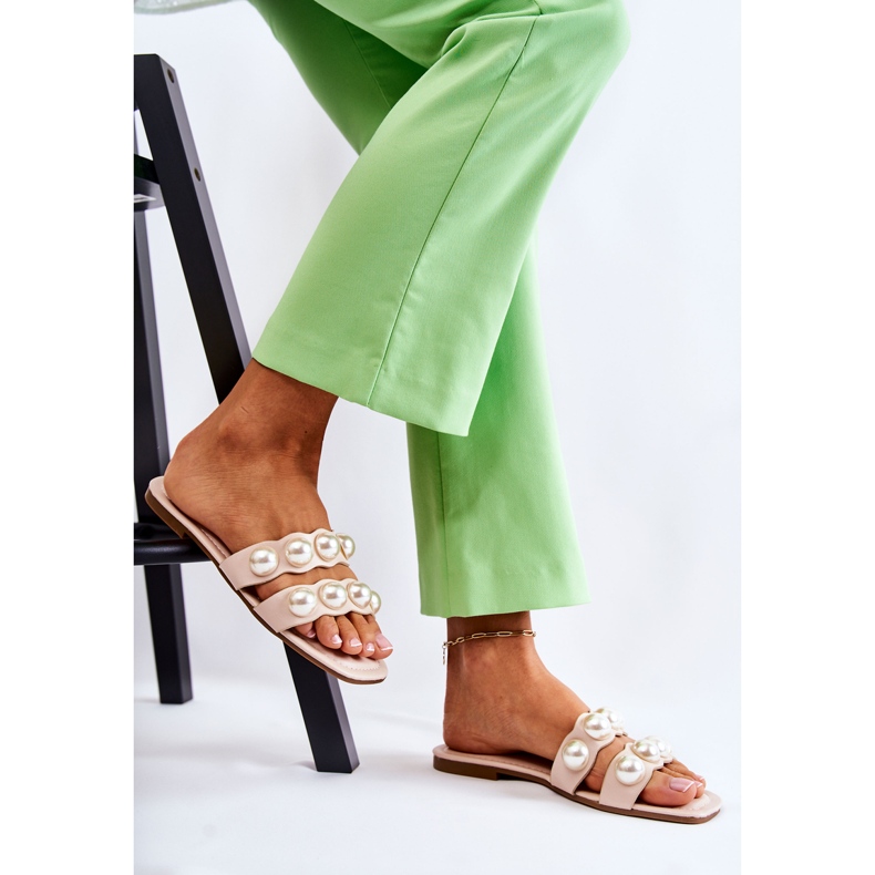 PG1 Ženske kožne papuče s ukrasnim Lasello perlama bež 2