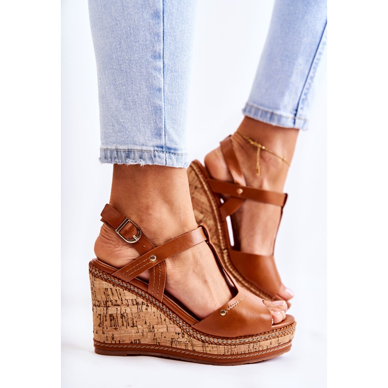 PG1 Klasične kožne sandale na smeđoj valorinskoj klin smeđa 2