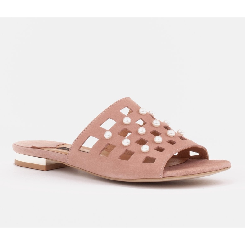 Marco Shoes Elegantne ženske papuče s biserima i perforacijom ružičasta 1