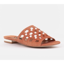 Marco Shoes Elegantne ženske papuče s biserima i perforacijom narančasta 1