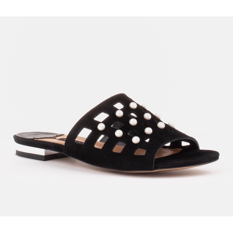 Marco Shoes Elegantne ženske papuče s biserima i perforacijom crno 1