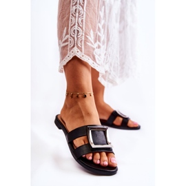 PG1 Ženske kožne papuče s crnim Roysa ukrasom crna 1