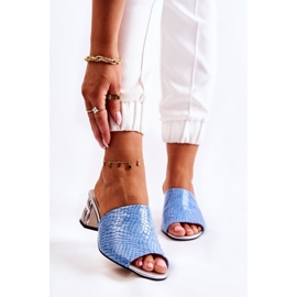 Kožne ženske papuče s krokodilskim uzorkom na petu Blue Perry plava 1