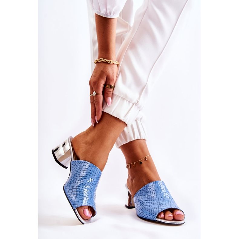 Kožne ženske papuče s krokodilskim uzorkom na petu Blue Perry plava 2