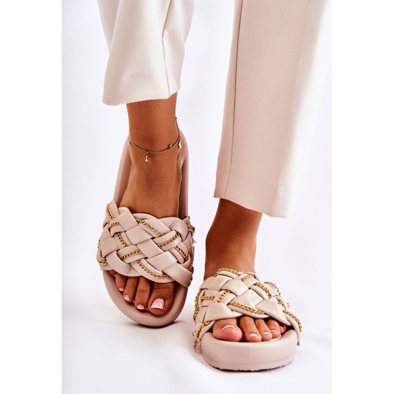 PS1 Ženske kožne papuče s lancem Bež Soline 1