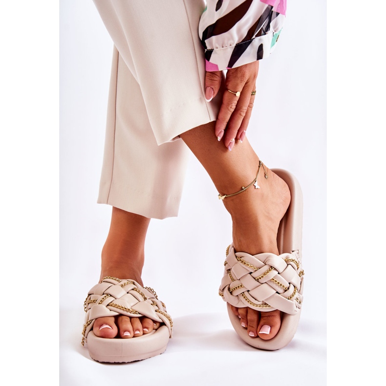 PS1 Ženske kožne papuče s lancem Bež Soline 2