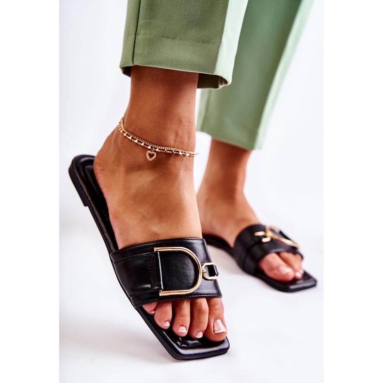 PG2 Ženske klasične kožne papuče s crnim Shilla ukrasom crno 2