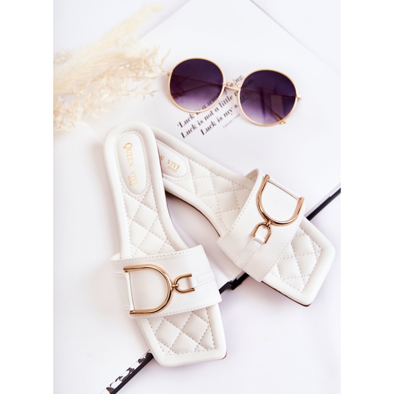 PG2 Ženske klasične kožne papuče s bijelim Shilla ukrasom bijela zlatna 1