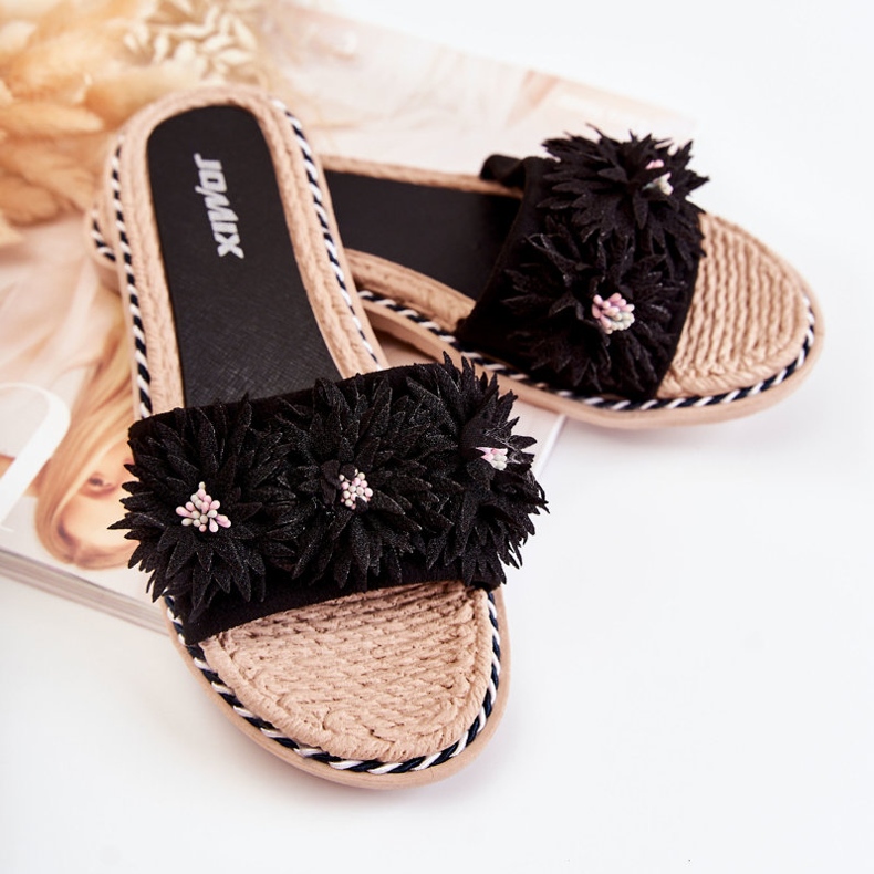 WJ1 Ženske papuče s materijalom Cvjetovi Crna Susana 2