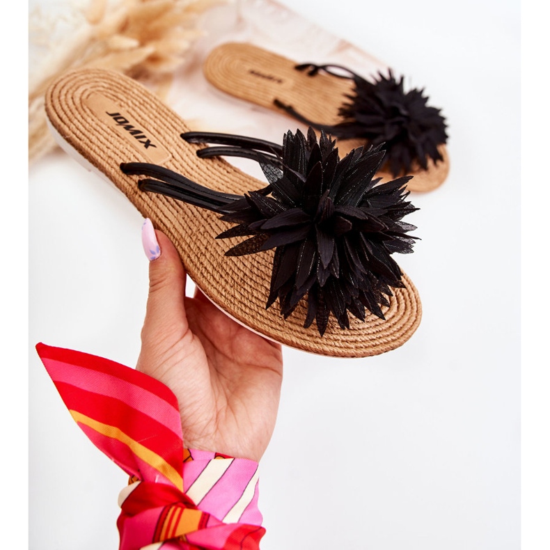 WJ1 Ženske japanke s platnenim ukrasom crna Eviana 1