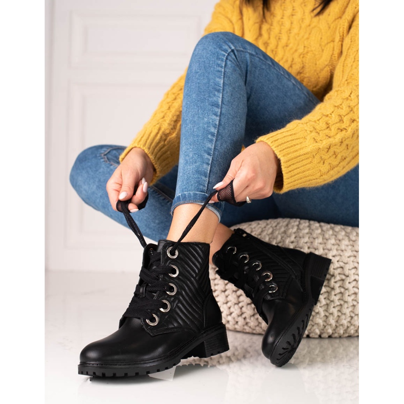 Crne Shelovet ženske čizme na vezanje s prošivanjem crno 1