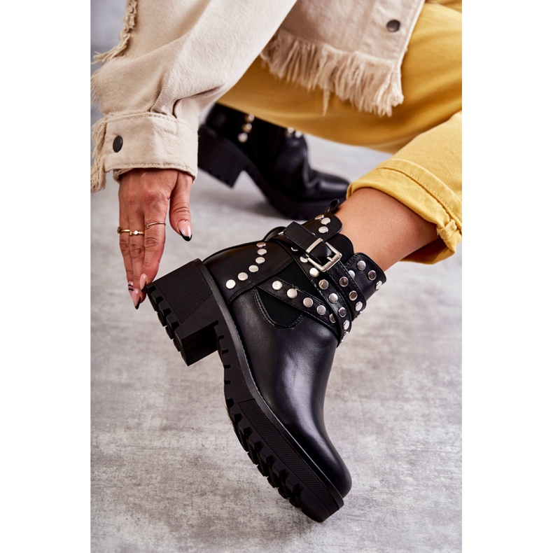 PG1 Kožne ženske čizme s ukrasnim nitnama Black Sanchez crna 1