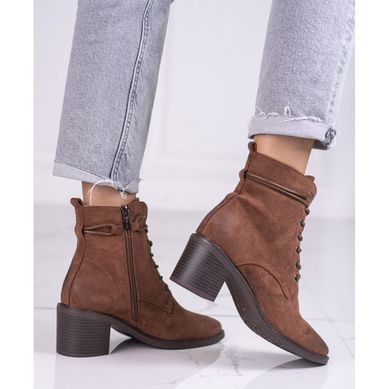 Smeđe Shelovet ženske čizme na vezanje od ekološkog antilopa smeđa 1