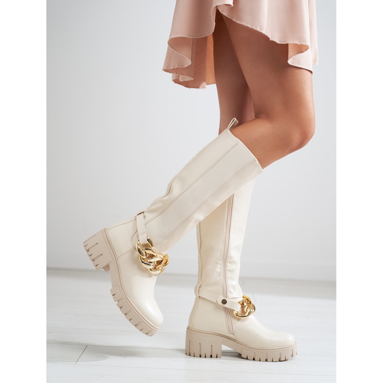 Ženske bež čizme na debelom Shelovet đonu od ekološke kože 1