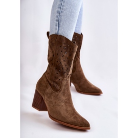 FB1 Ženske kaubojske čizme od brušene kože s cvjetovima kaki Ariane zelena 1