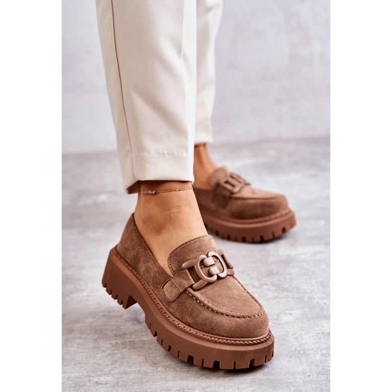 FB2 Ženske broge od brušene kože s tamnobež Leeza ukrasom 1