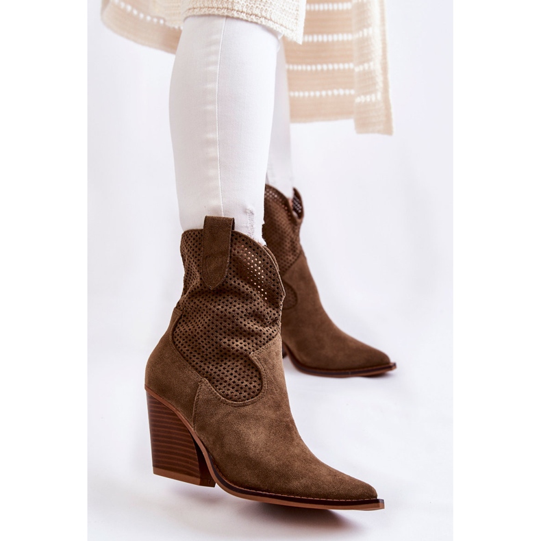 FB1 Ženske ažurne kaubojske čizme od brušene kože kaki Eleonore smeđa 1