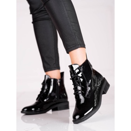 Elegantne ženske Shelovet čizme na vezanje od lakirane ekološke kože crno 1