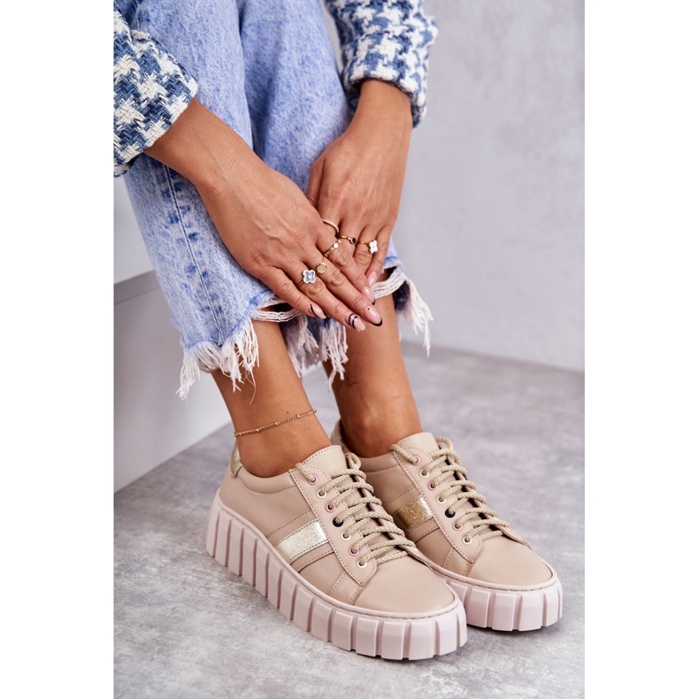 PA2 Ženske sportske kožne cipele na vezanje bež-zlatne Ariva smeđa 1