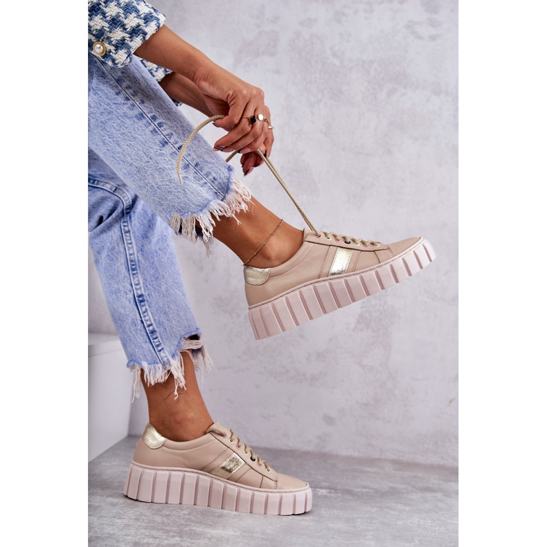 PA2 Ženske sportske kožne cipele na vezanje bež-zlatne Ariva smeđa 2