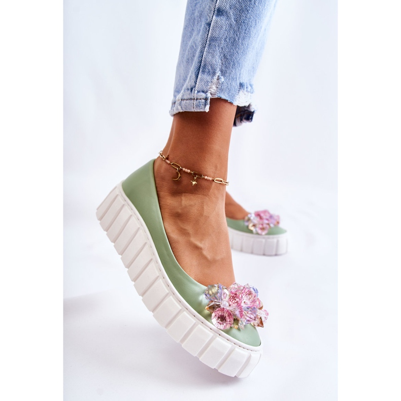 PA2 Kožne balerinke na platformu sa šarenim zelenim ladette ukrasom zelena 2