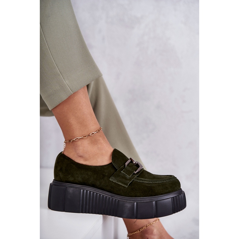 Moderne cipele od brušene kože na kaki marsol platformi zelena 1