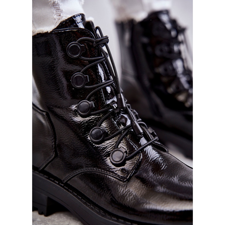 PJ1 Ženske lakirane tople čizme s rebrastim crnim helijem crno 2