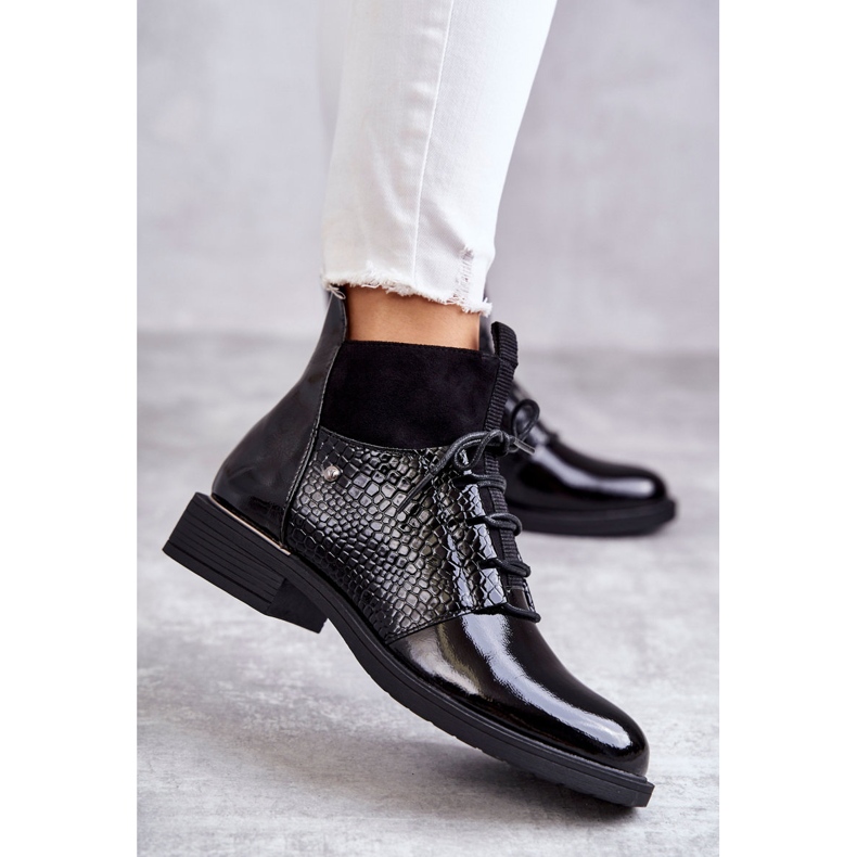 Vinceza Lakirane crne tople čizme na vezanje Cathrine crno 2