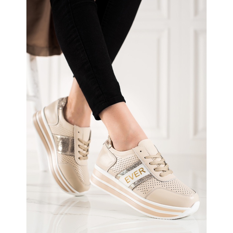 SHELOVET Bež kožne tenisice na platformi Goodin zlatni 1