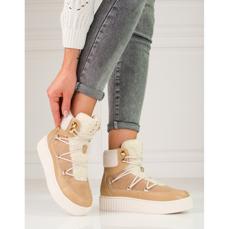 Ženske bež kožne čizme za snijeg Shelovet na platformu smeđa 1