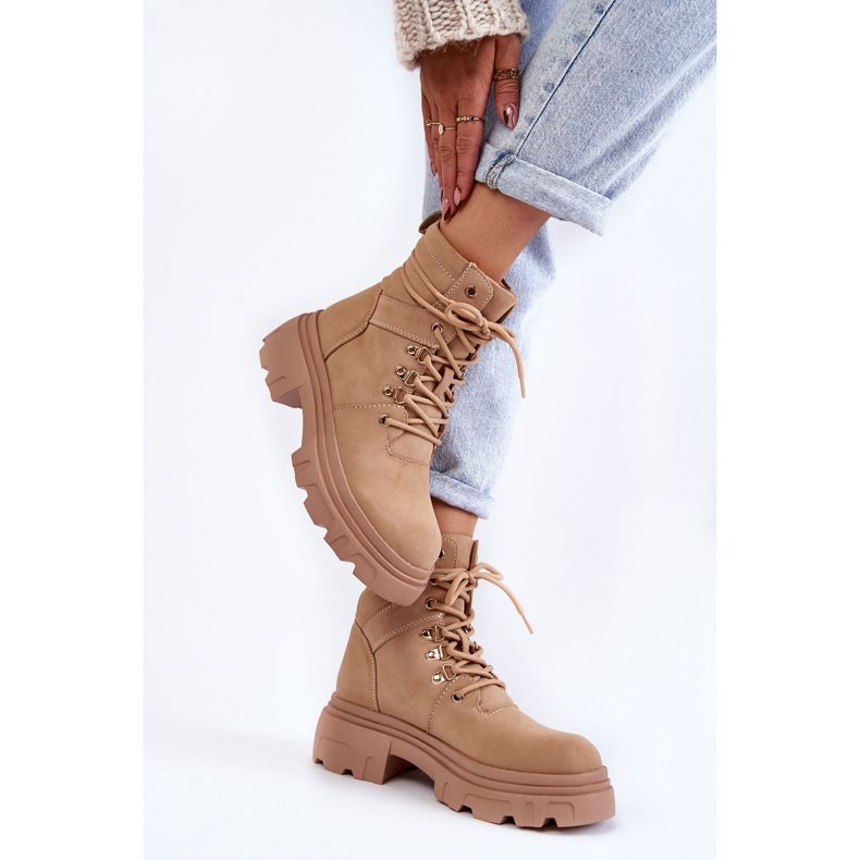 Kožne tople čizme na vezanje Bež Merisha 2