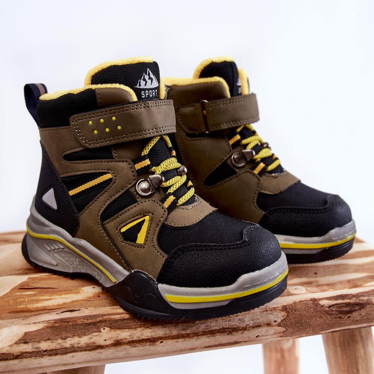 PE1 Dječje čizme Trappers ugrijane vunom kaki boje Marco crna zelena žuta boja 1