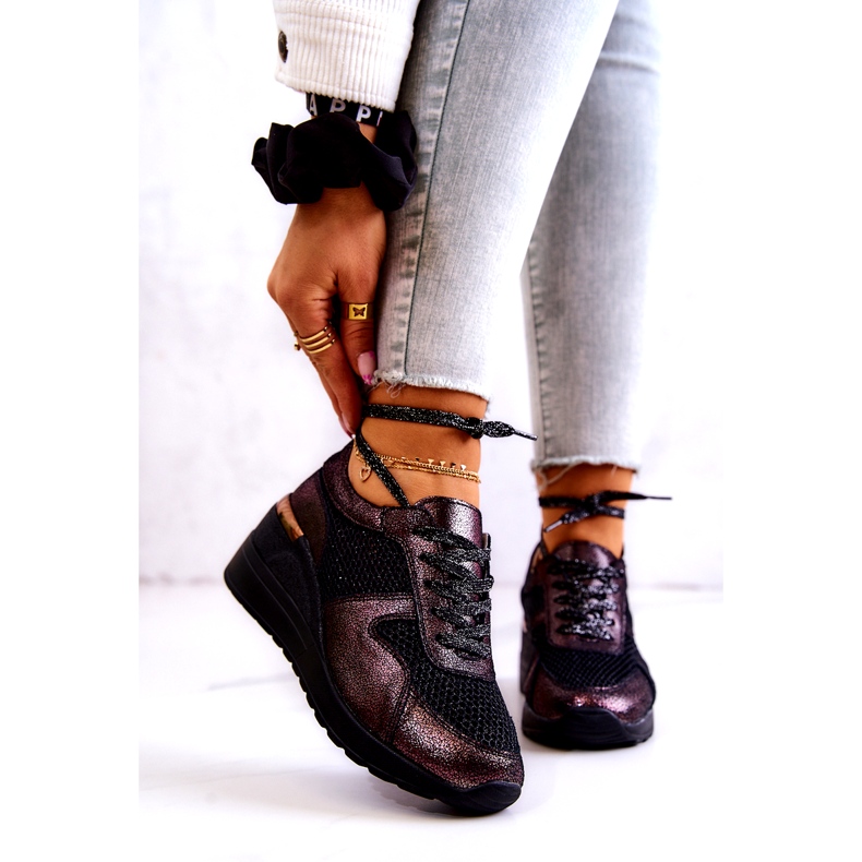 Kožne tenisice na klin s mrežicom S.Barski crne crno 1