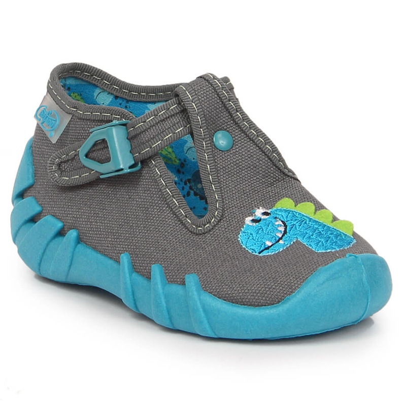 Papuče za dječake s kopčom sa sivim Befado dinosaurusom siva 1