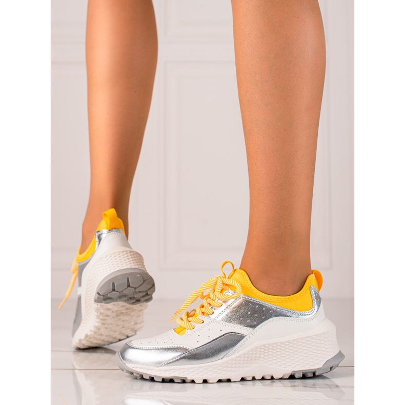 Goodin Elegantne kožne tenisice bijela srebro žuta boja 2